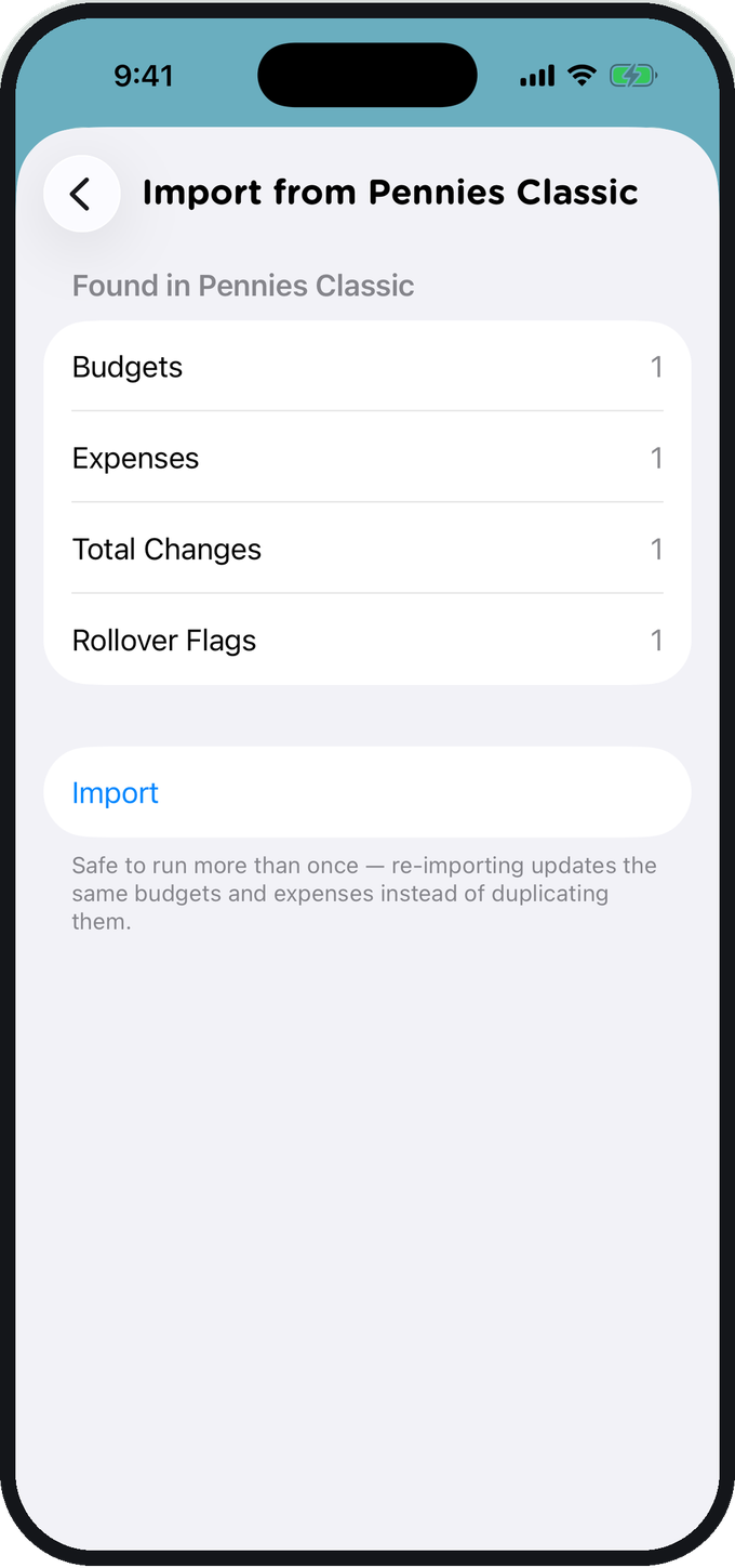 Importing budgets and history from the original Pennies app into Pennies+