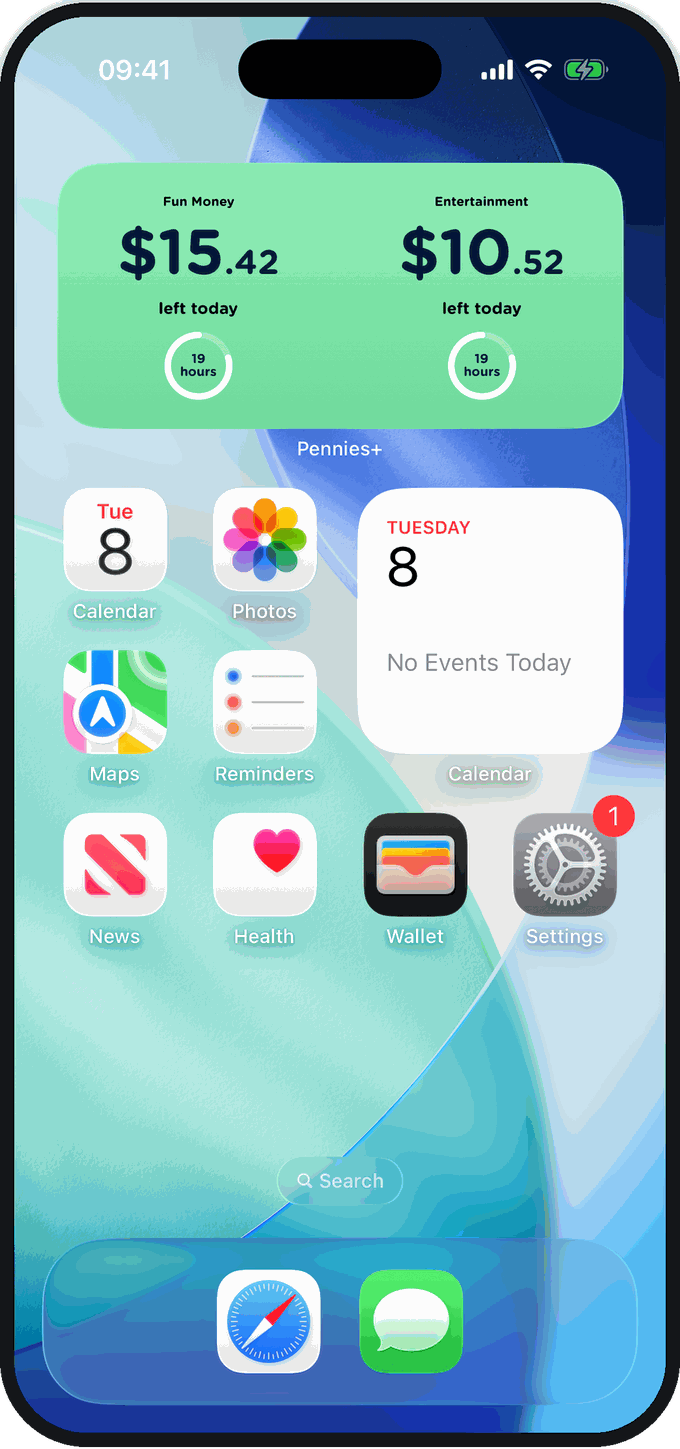 The Pennies+ widget on an iPhone Home Screen showing two budgets